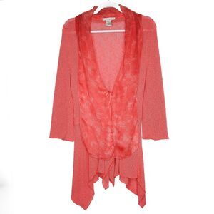 Mona Leah Couture Open Knit Cardigan Size Large Coral Pink Tie Waist Long Sleeve